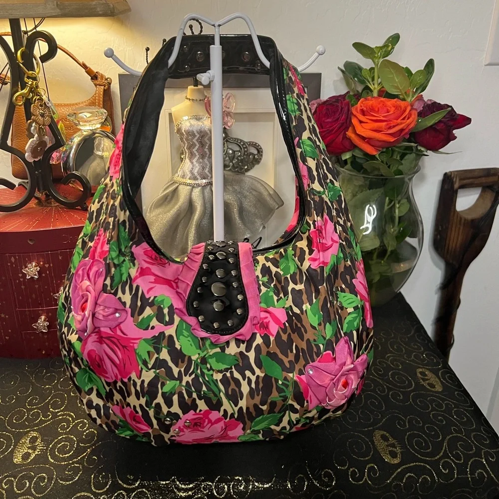 Betsey Johnson Betseyville Floral and Leopard Print Nylon Shoulder Bag